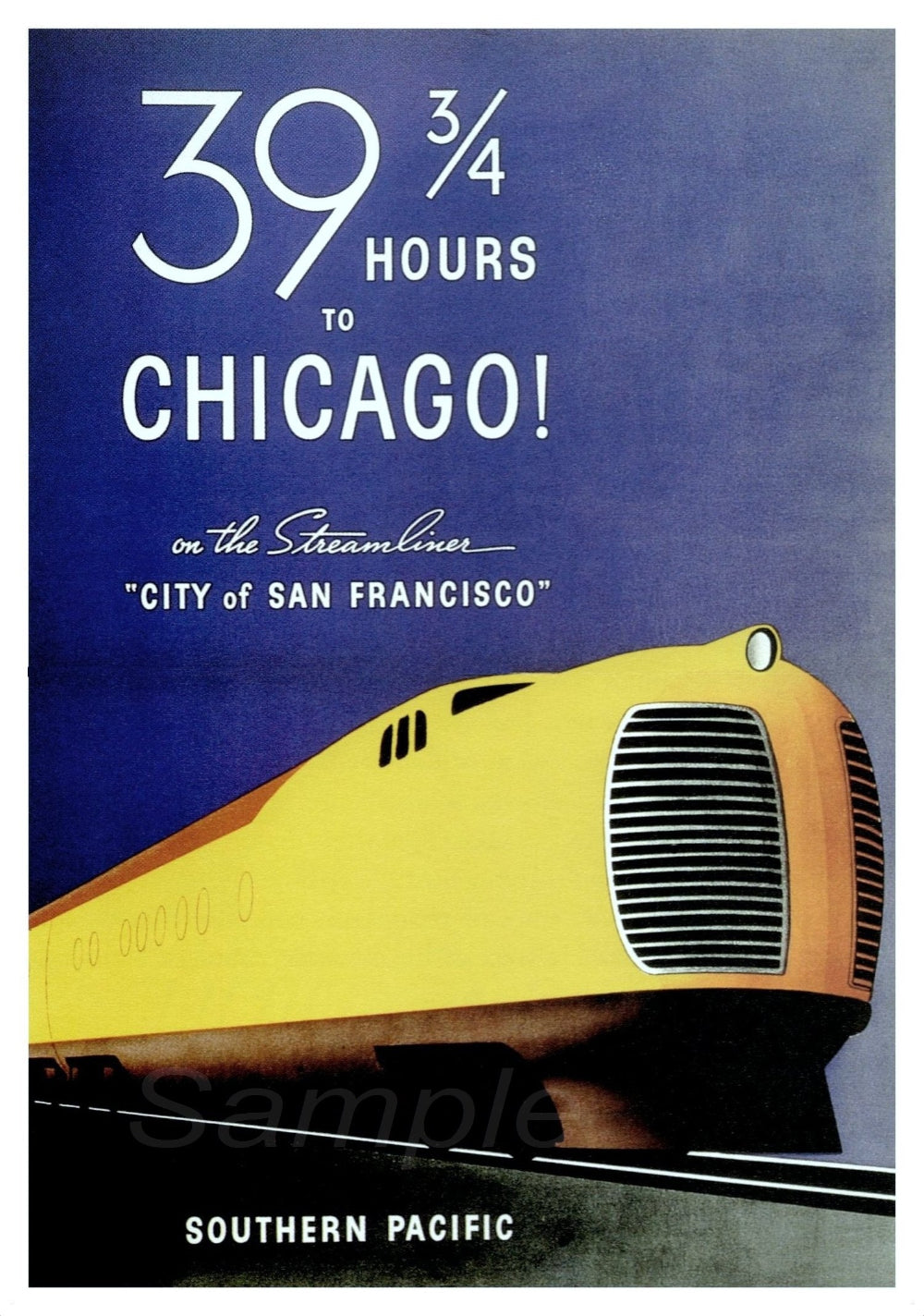 A vintage Southern Pacific Chicago Railway poster featuring a yellow train on a blue background with text promoting the 'City of San Francisco' as a travel destination.