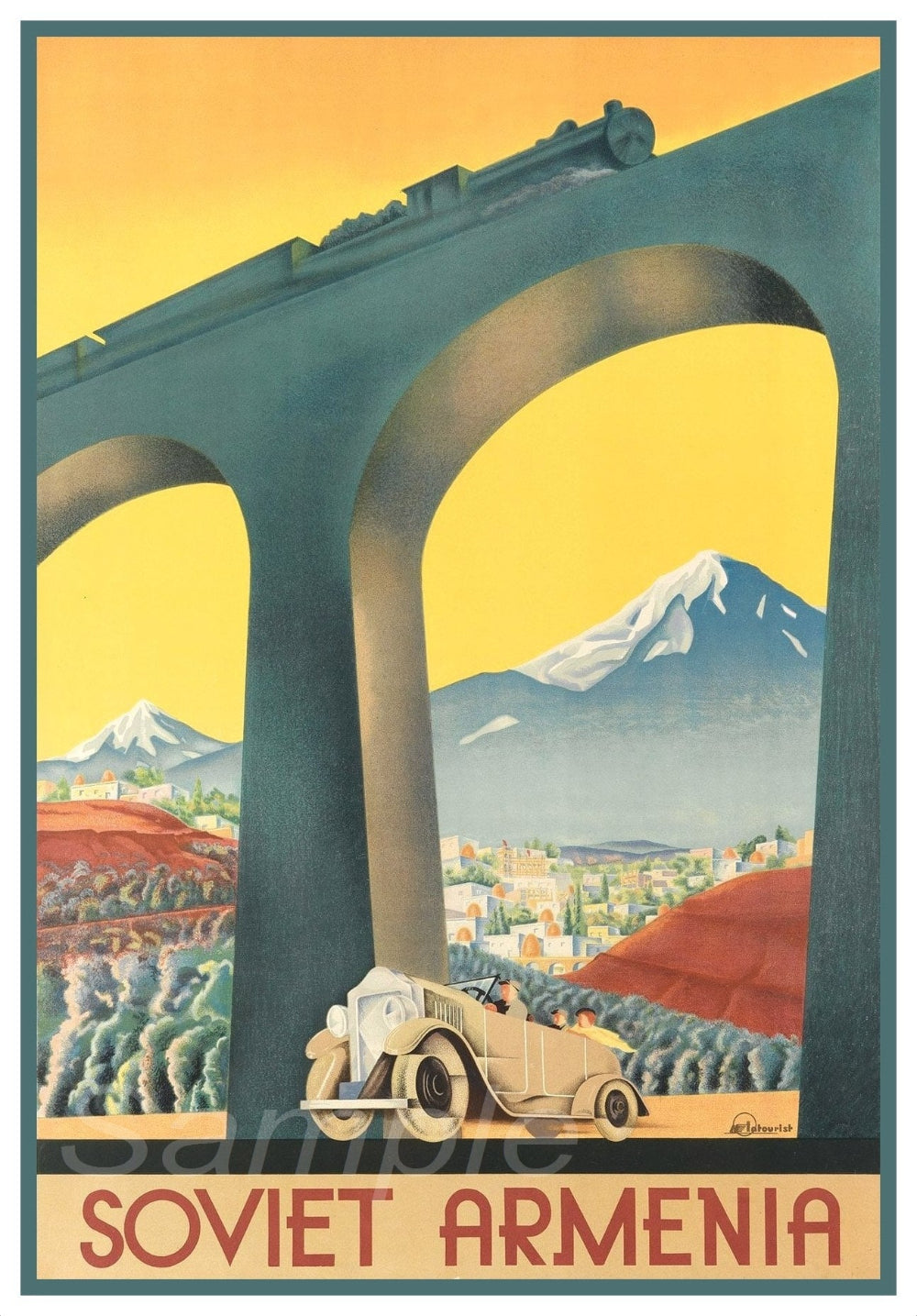 A vintage travel poster depicting a train passing under a bridge with scenic views of mountains and a landscape, titled 'Soviet Armenia'.
