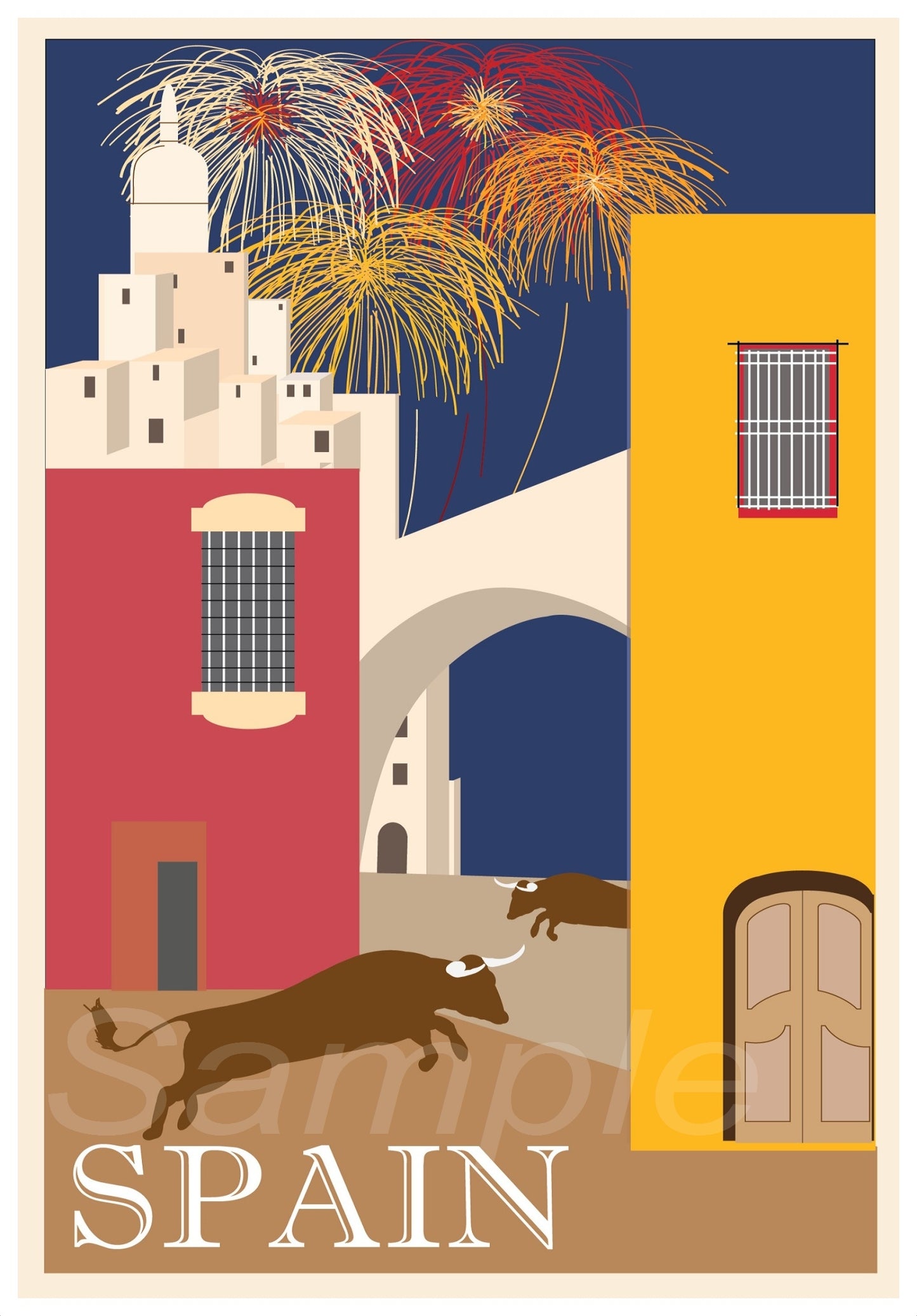 A vintage travel poster print depicting iconic imagery of Spain such as a bull, traditional buildings, and fireworks.