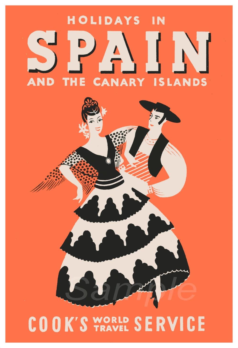 A vintage travel poster featuring stylized illustrations of a woman in traditional attire, promoting holidays in Spain and the Canary Islands.