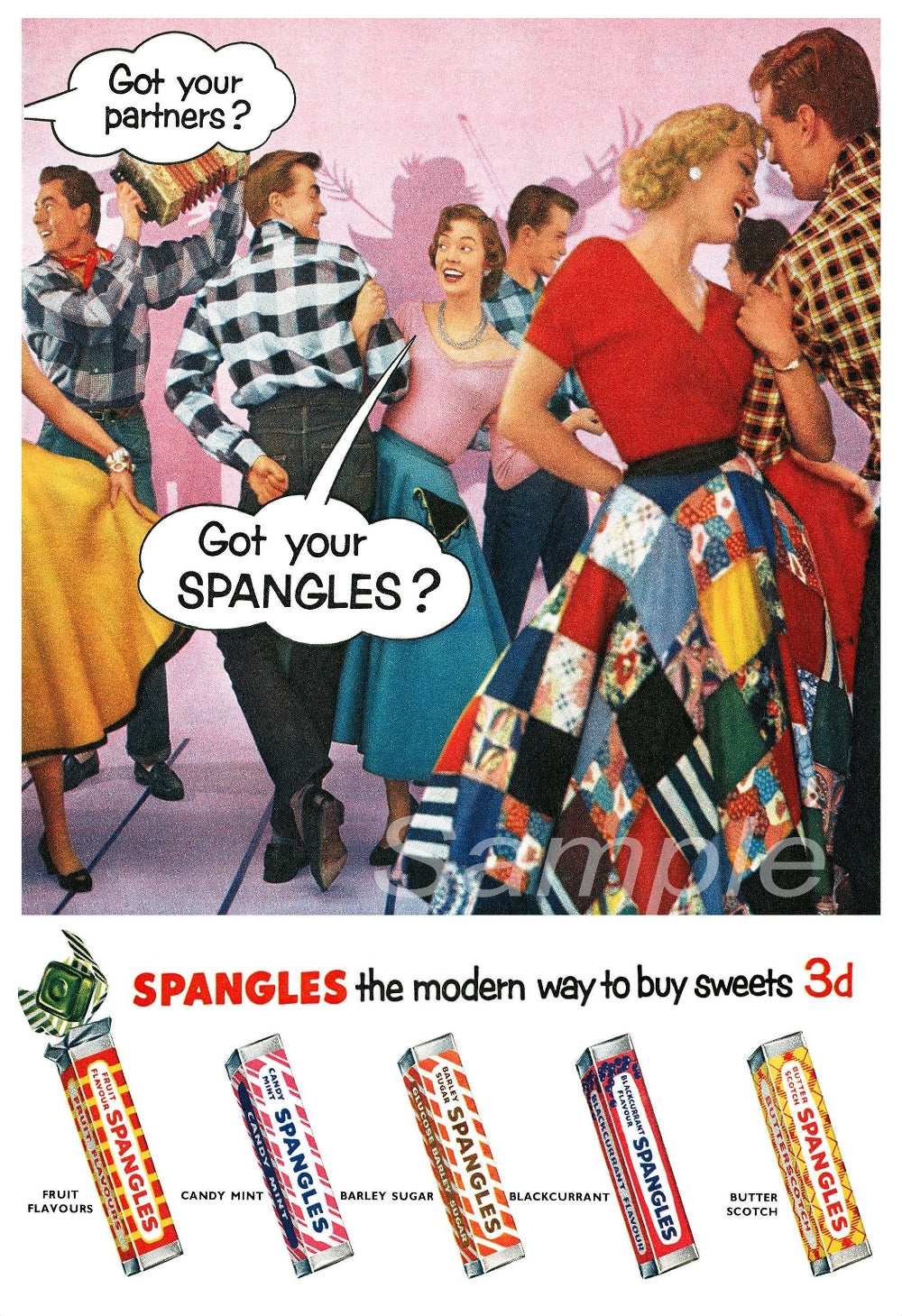 A vintage-style poster depicting people enjoying themselves at a sweet shop, with a focus on a brand of sweets called Spangles.