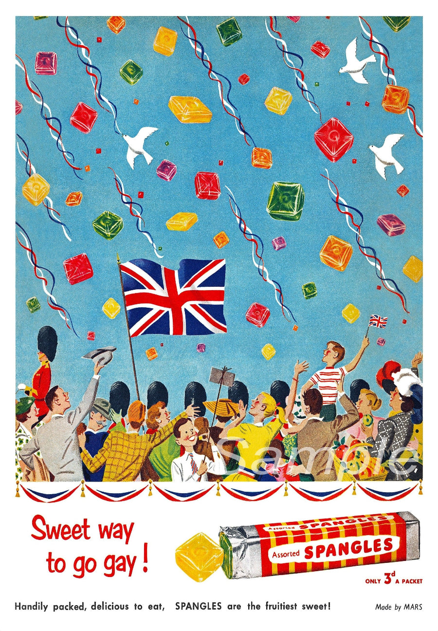 A vintage-style poster featuring an illustration of people celebrating with confetti and the Union Jack flag, alongside the Spangles sweets packaging.