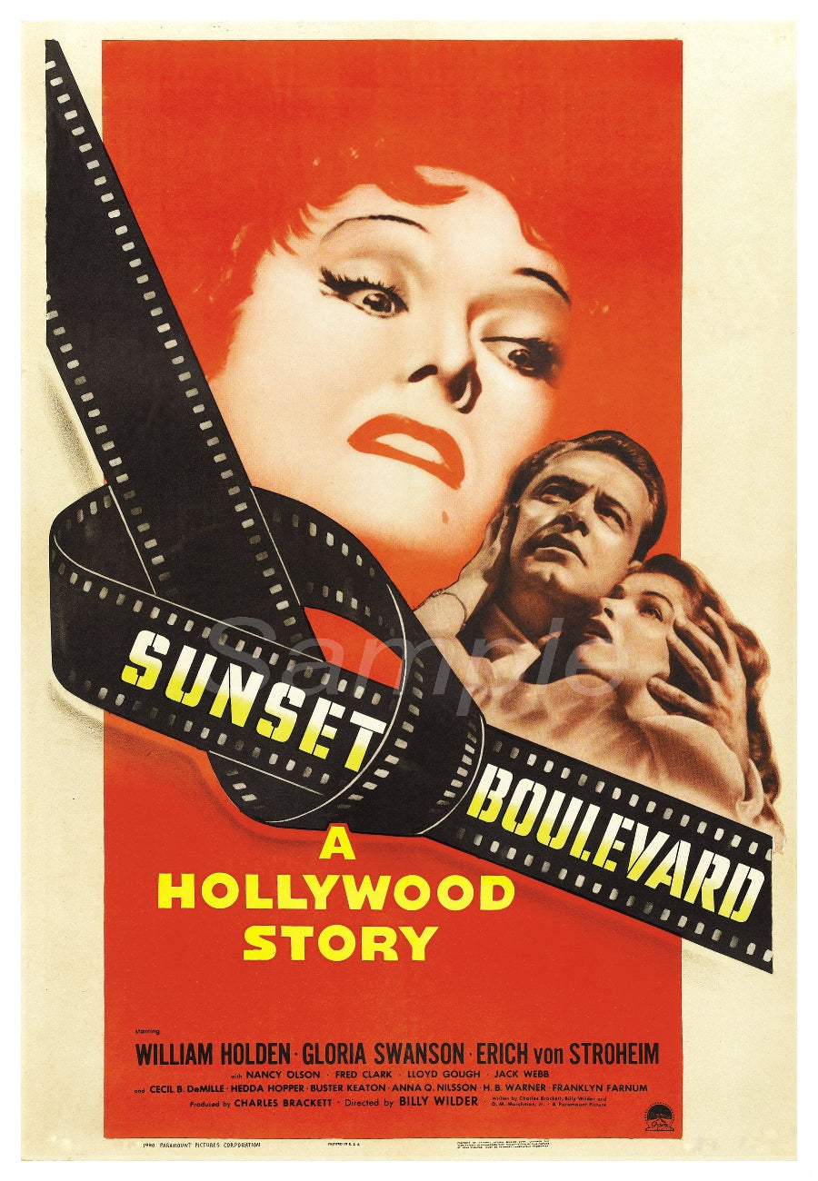 A vintage movie poster print of 'Sunset Boulevard' featuring an illustration of a woman's face and a man holding a camera.