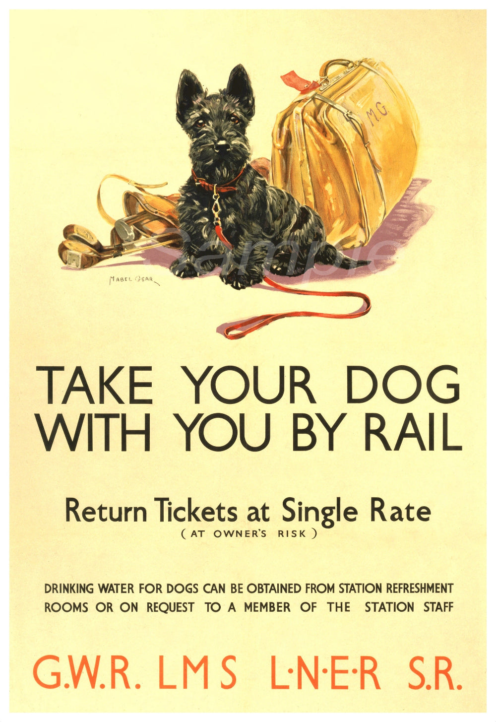 A vintage style poster print depicting a small dog sitting next to a suitcase with the text 'Take Your Dog With You By Rail' and railway logos.