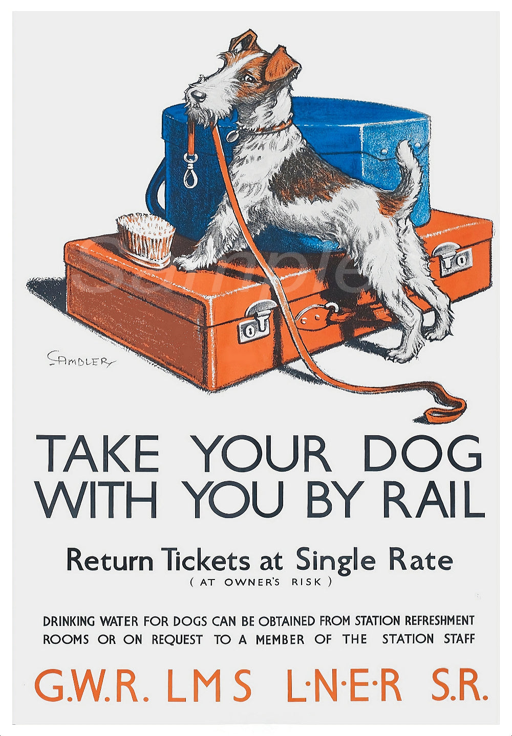 A vintage style poster print depicting a dog sitting on top of train tickets and luggage, with the text 'Take Your Dog With You By Rail'.