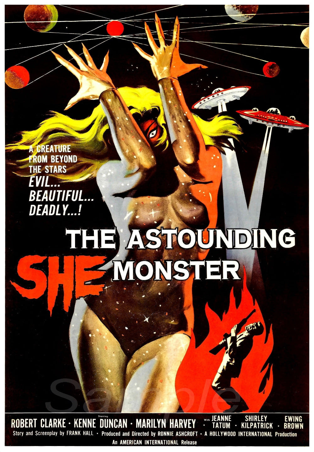 Vintage movie poster print of 'The Astounding She Monster' featuring a female creature with yellow hair, flames, and a dramatic pose.