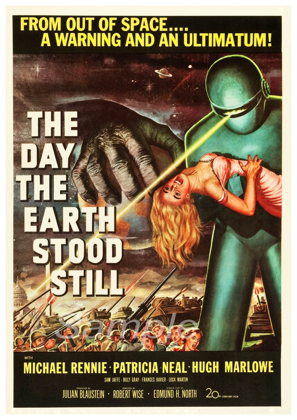 Vintage movie poster print for 'The Day the Earth Stood Still' featuring a green alien holding a ray gun with a Earth cityscape in the background.