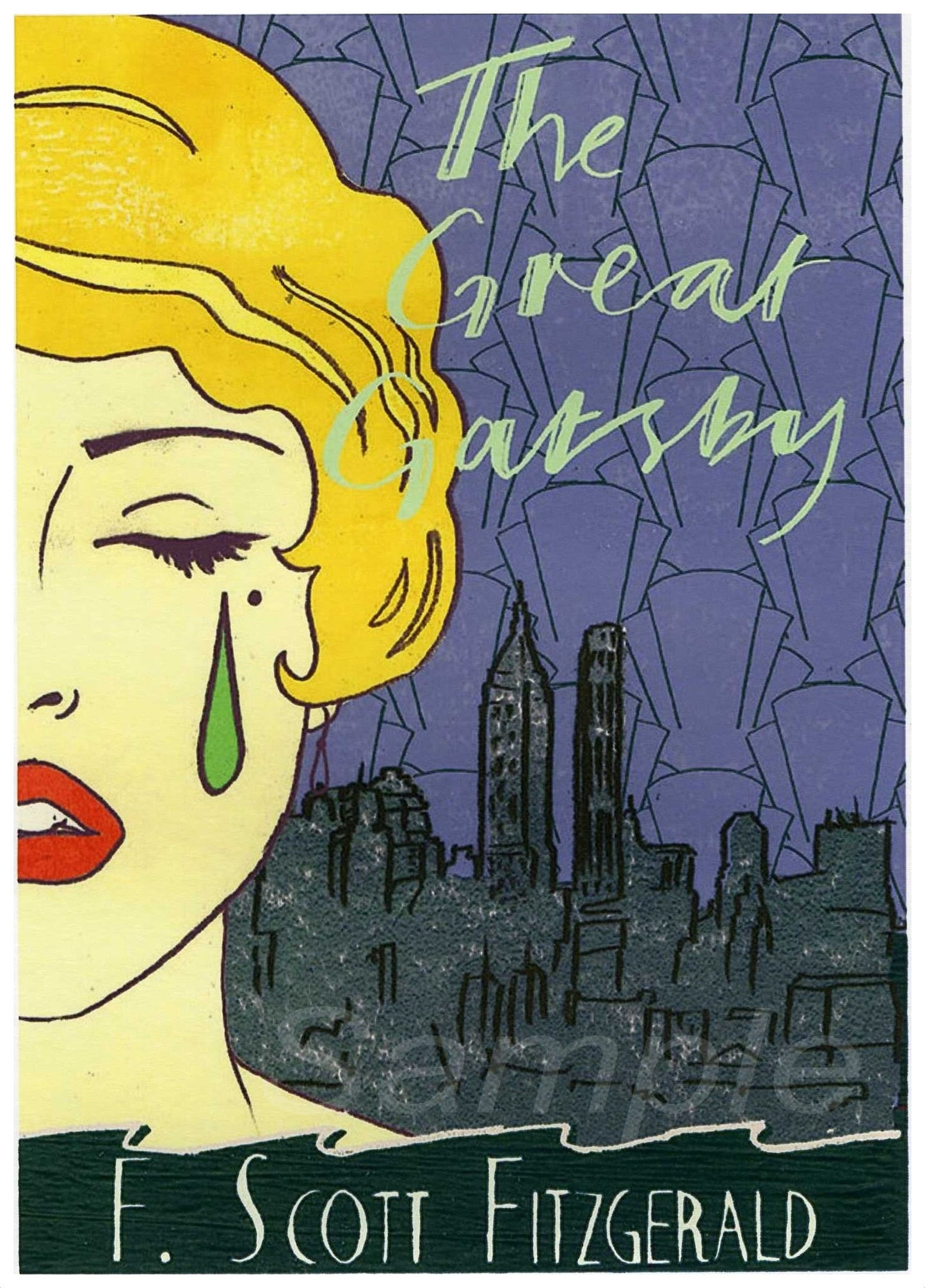 A vintage style poster print depicting a stylized female character with a city skyline in the background, representing the novel 'The Great Gatsby'.