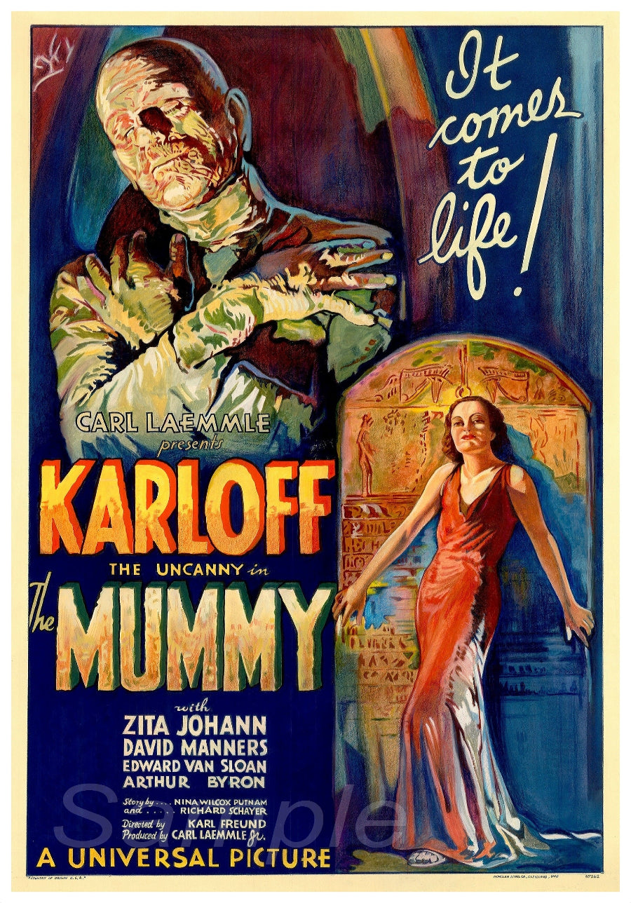Vintage movie poster print of the film 'The Mummy' featuring a illustration of a mummy and a woman in a red dress on a dark background.