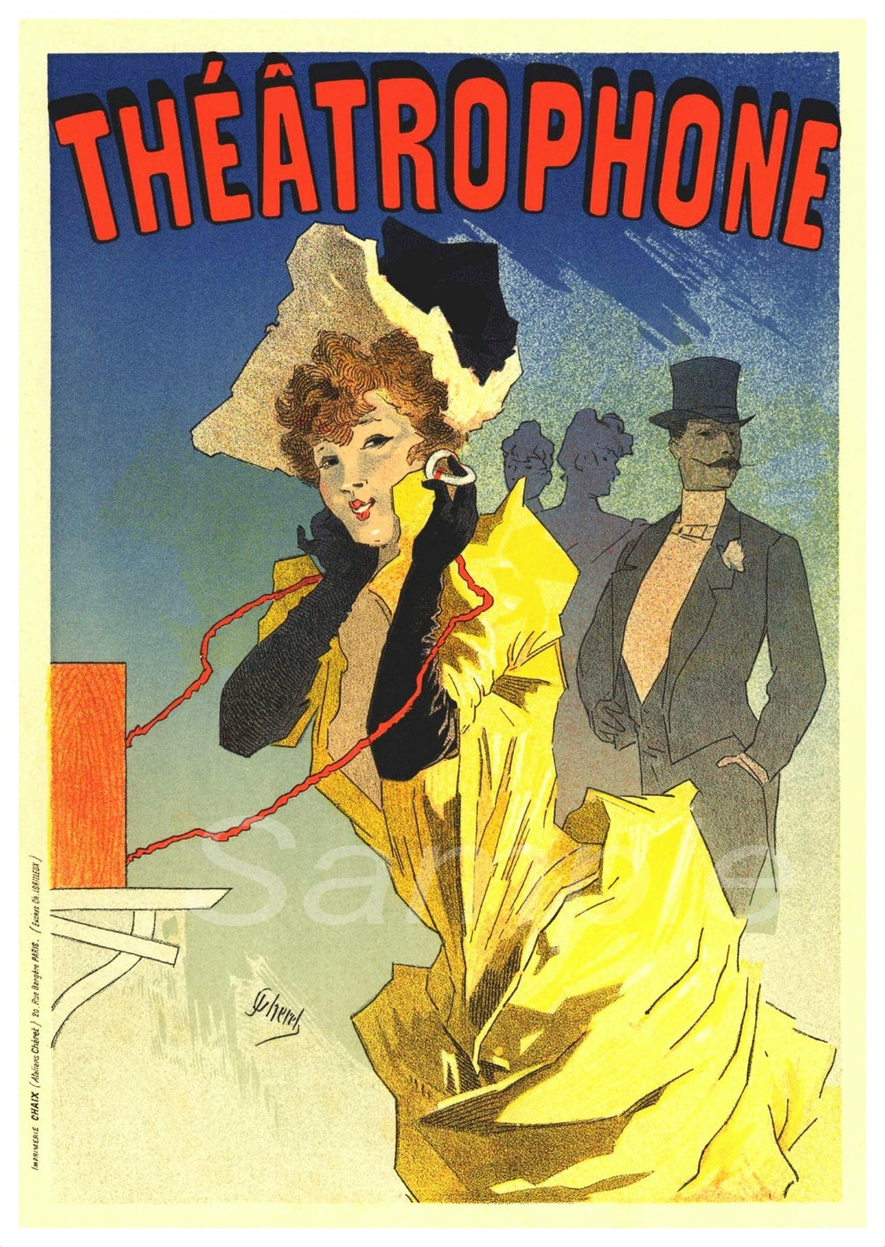 A vintage style poster featuring a woman in a yellow dress and a man in a suit, with the text 'THÉATÉROPHONE' prominently displayed.