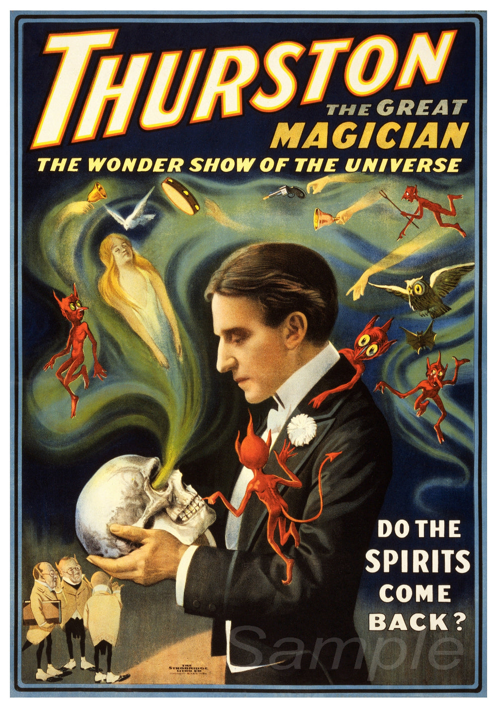 Vintage advertising poster of Thurston the Great Magician featuring an illustration of a man with a skull in his hand, surrounded by whimsical imagery such as spirits and animals.