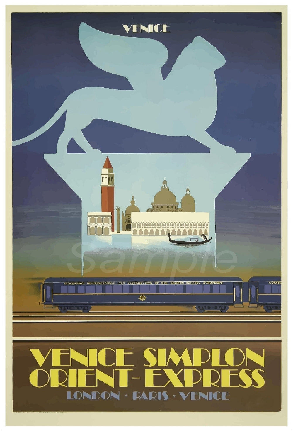 A vintage style poster depicting the Venice Orient Express with iconic imagery of Venice such as the cityscape and a train, primarily in blue and white tones.