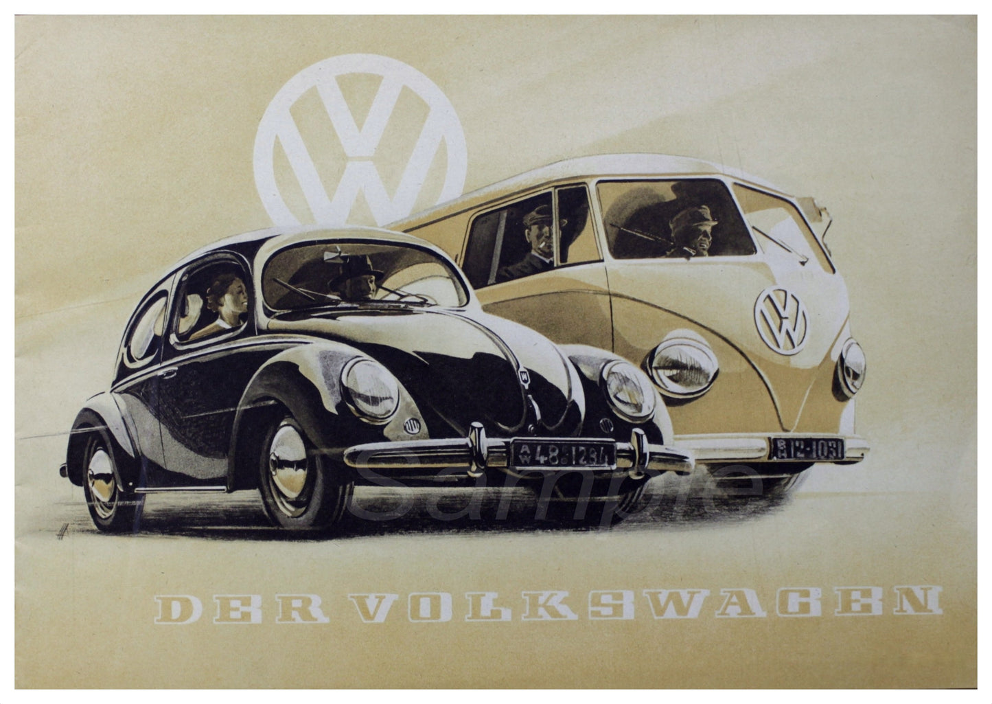 A vintage-style poster depicting a black VW Beetle and a white VW bus with the text 'DER VOLKSWAGEN'.