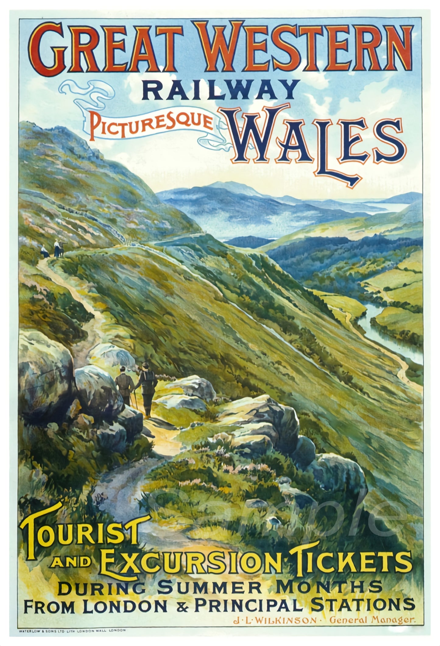 A vintage railway poster print depicting a scenic view of Wales with mountains and a river, promoting tourist and excursion tickets.