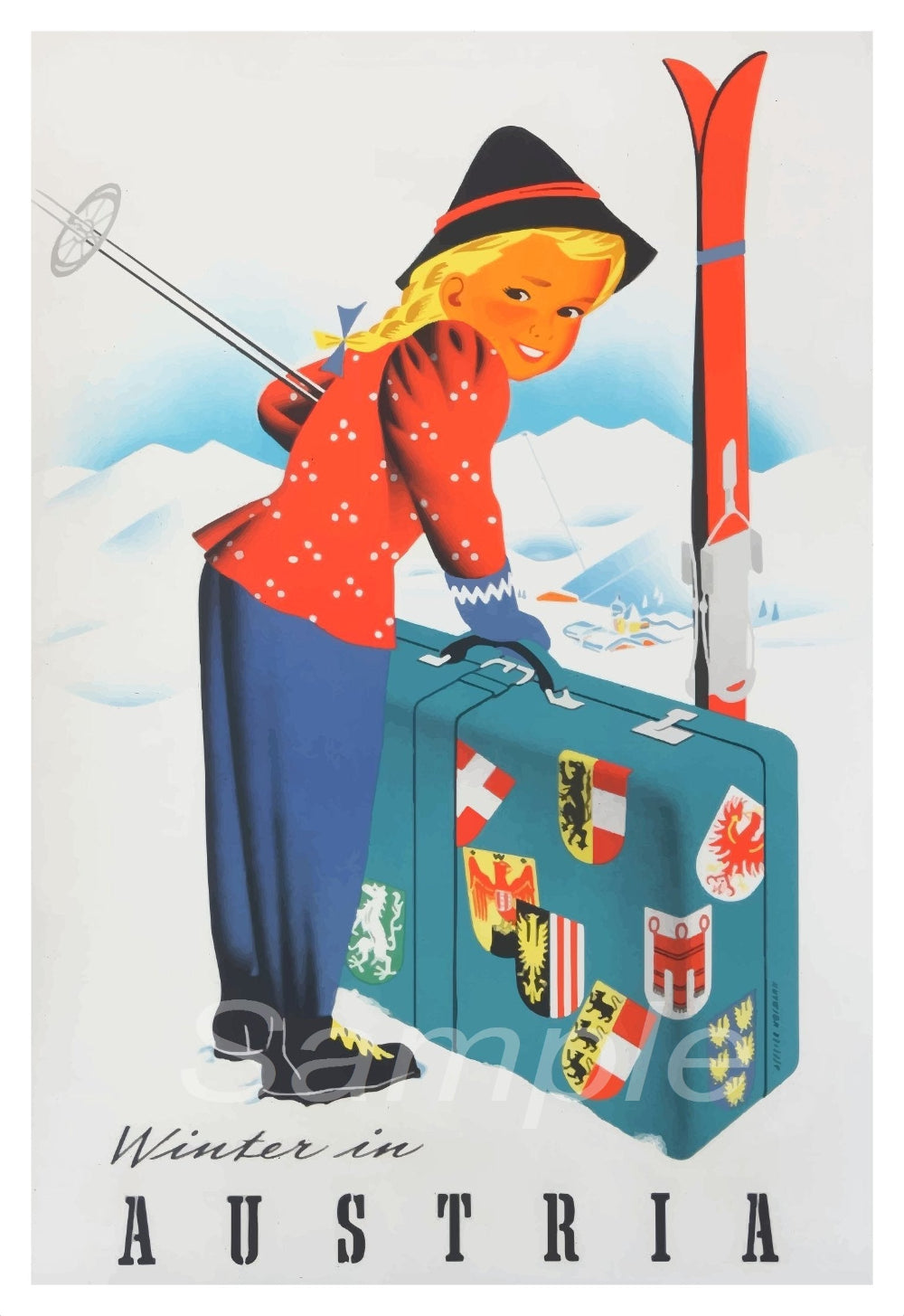 A vintage travel poster depicting a cartoon of a person with skis standing next to a suitcase, titled 'Winter in AUSTRIA'.