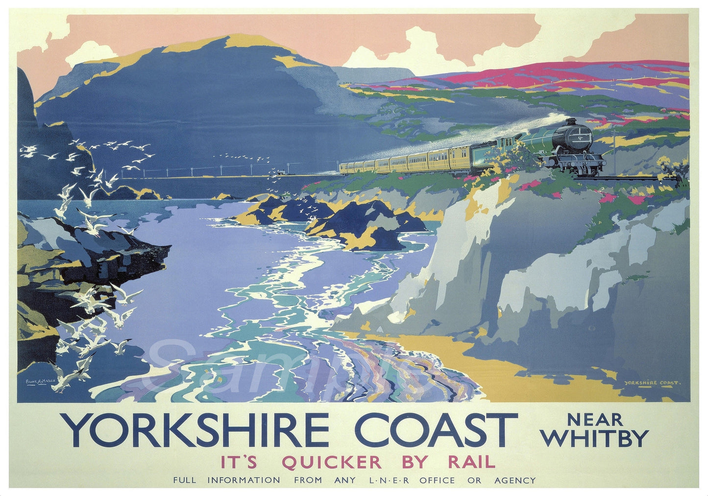 A vintage style railway poster print depicting the Yorkshire Coast with a train on the tracks, hills, and a blue sky.