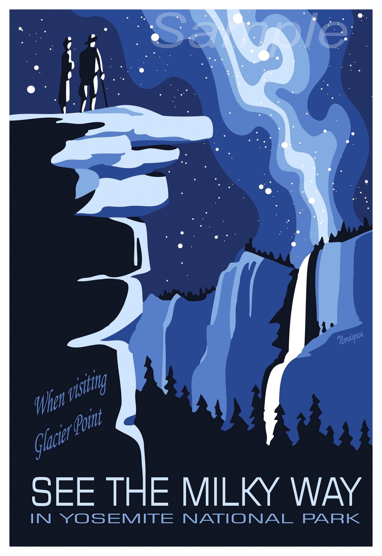 A vintage style travel poster depicting Yosemite National Park at night with a view of the Milky Way and a waterfall.