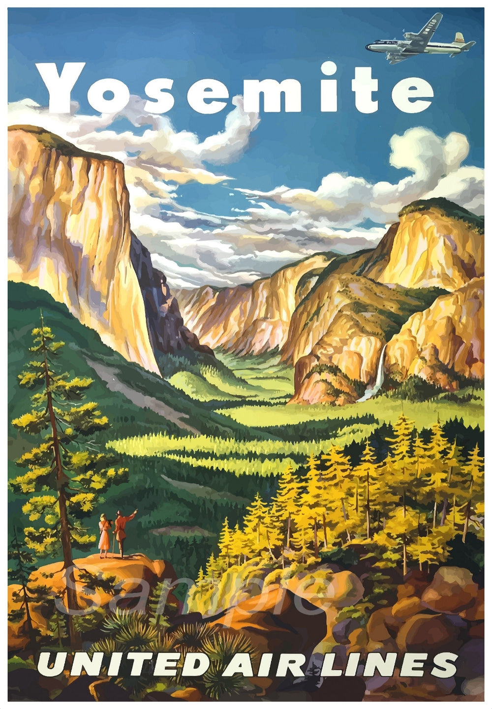 A vintage travel poster depicting a scenic view of Yosemite with an airplane and the text 'Yosemite United Air Lines'.