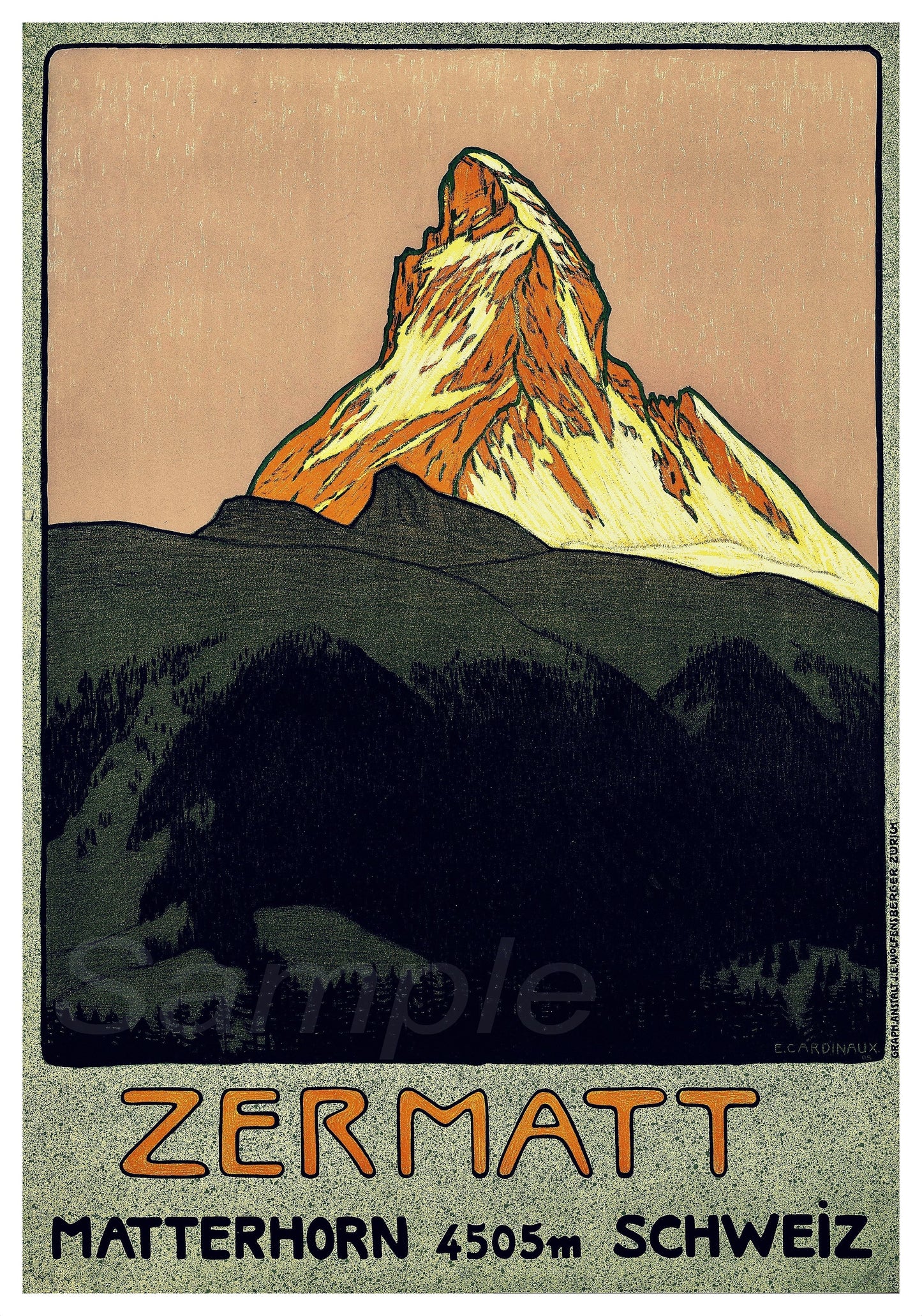 A vintage travel poster depicting the Matterhorn mountain peak with the text 'ZERMATT MATTERHORN 4505m SCHWEIZ' at the bottom.