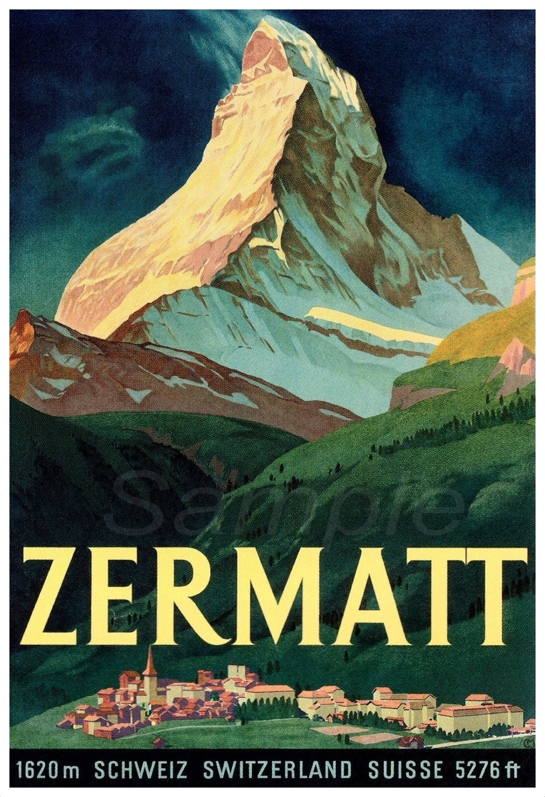 A vintage travel poster print featuring the Matterhorn mountain with the town of Zermatt in the background, predominantly in green, blue, and yellow colors.