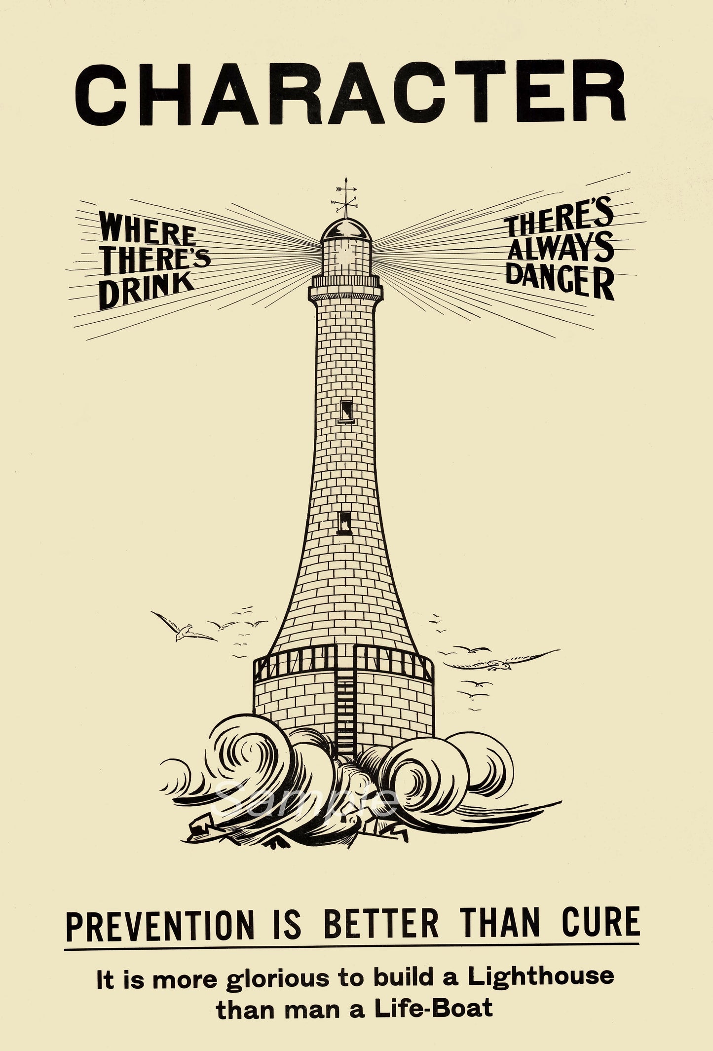 Lighthouse illustration with text on a beige background
