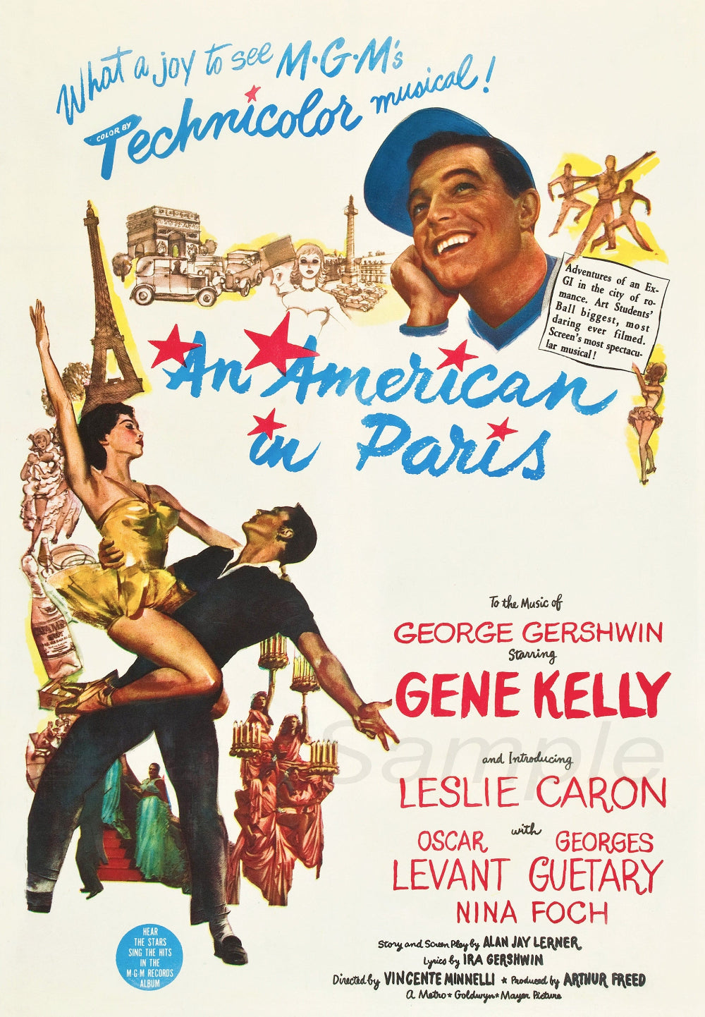 Vintage movie poster for 'An American in Paris' featuring a man and a woman dancing, with the text 'What a joy to be in Paris!' and credits for the cast and crew.
