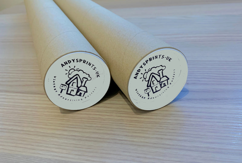 Two sturdy postal tubes with 'Andy's Prints UK' logo on a light wooden surface