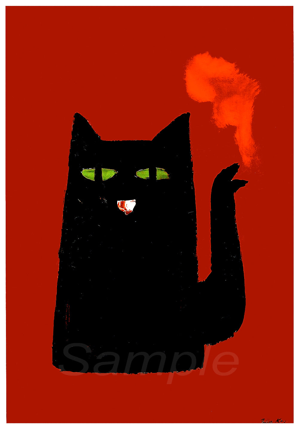 A vintage advertising poster print featuring a black cat with a red background, smoking a cigarette, with the text 'Sample' at the bottom.