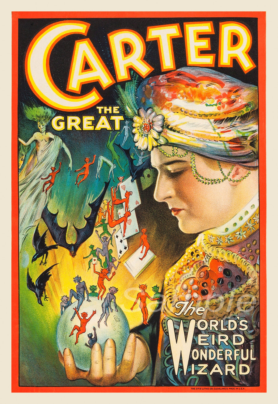 A vintage-style poster featuring a colorful illustration of a magician character named Carter The Great with elements of fantasy and whimsical imagery.