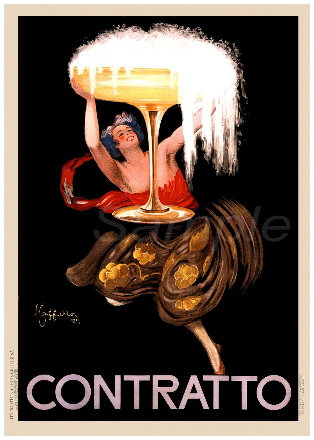 A vintage style advertisement print for Continental Bicycle Tyre featuring a stylized character holding a large tire, with the brand name 'CONTRATTO' prominently displayed.