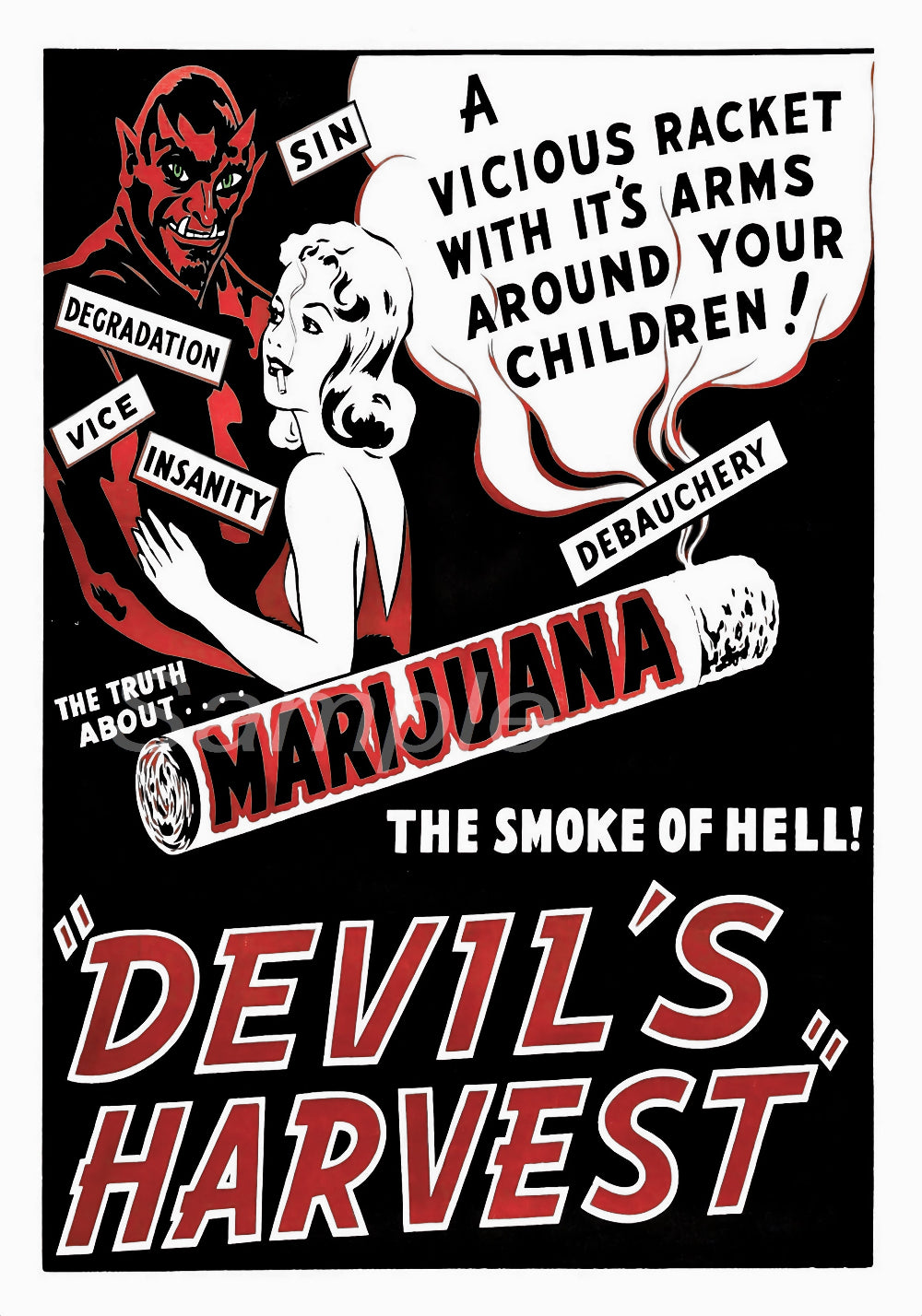 A vintage style movie poster print with a red and black color scheme, featuring text and imagery related to marijuana and social issues.