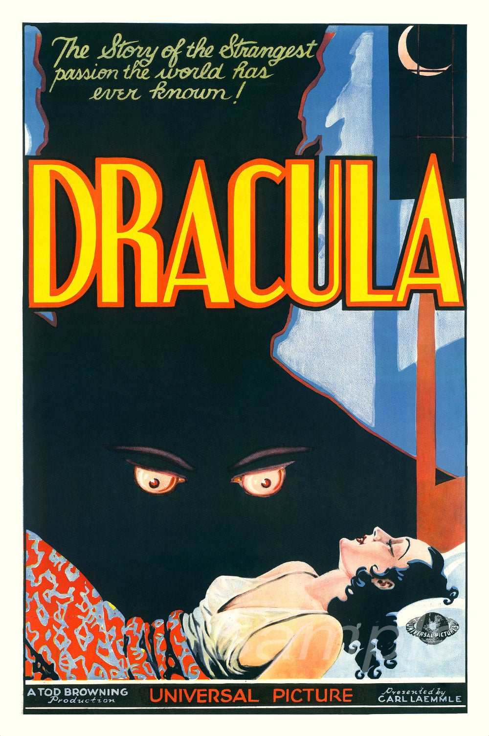 Vintage movie poster for 'Dracula' with a dark background and prominent text.
