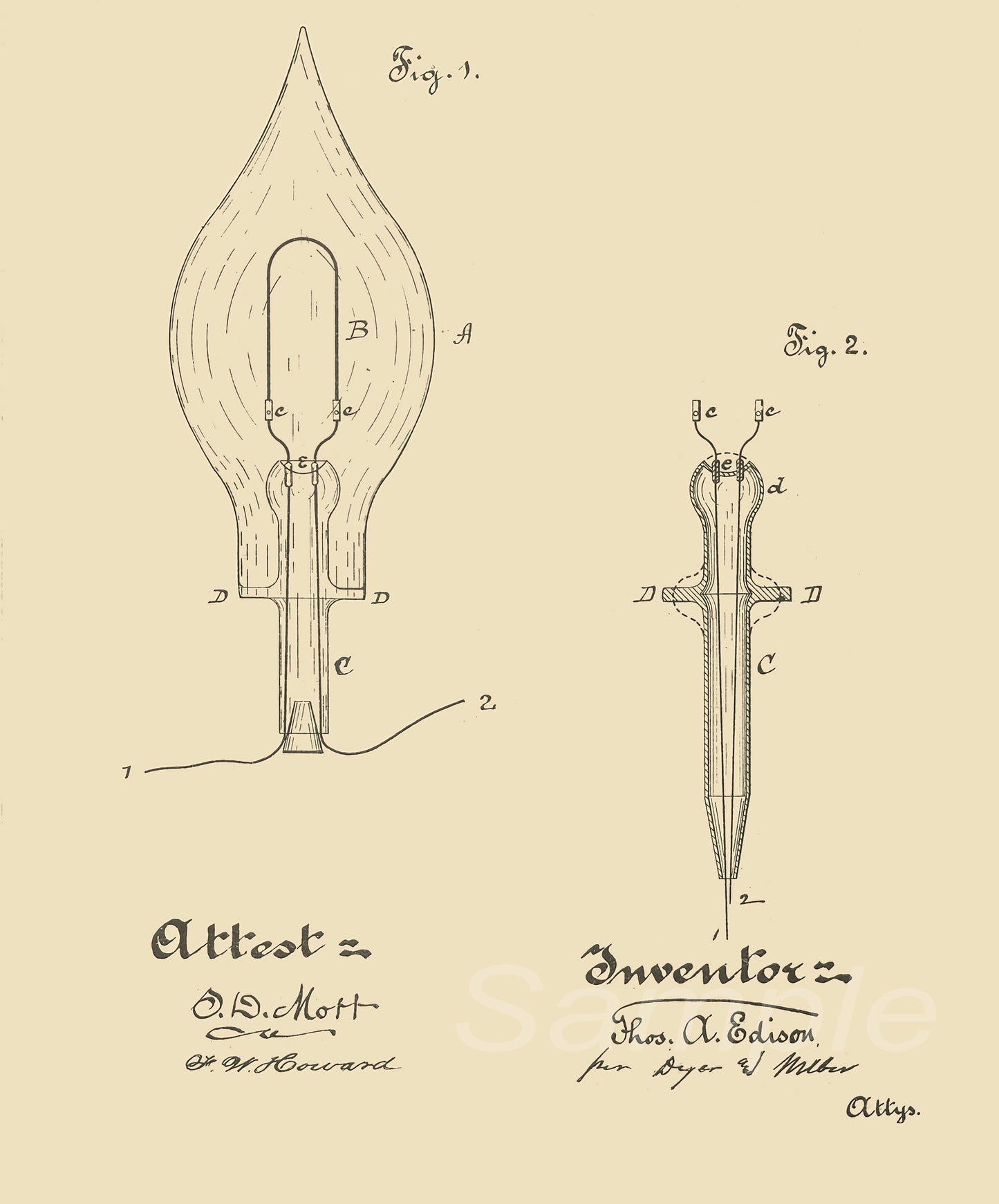 Vintage style poster featuring the text and illustrations of an 1881 electric lamp patent application by Edison, with the title 'ATTOO 2 - INVENTOR - His Discovery -' and signatures of the inventor and witnesses.