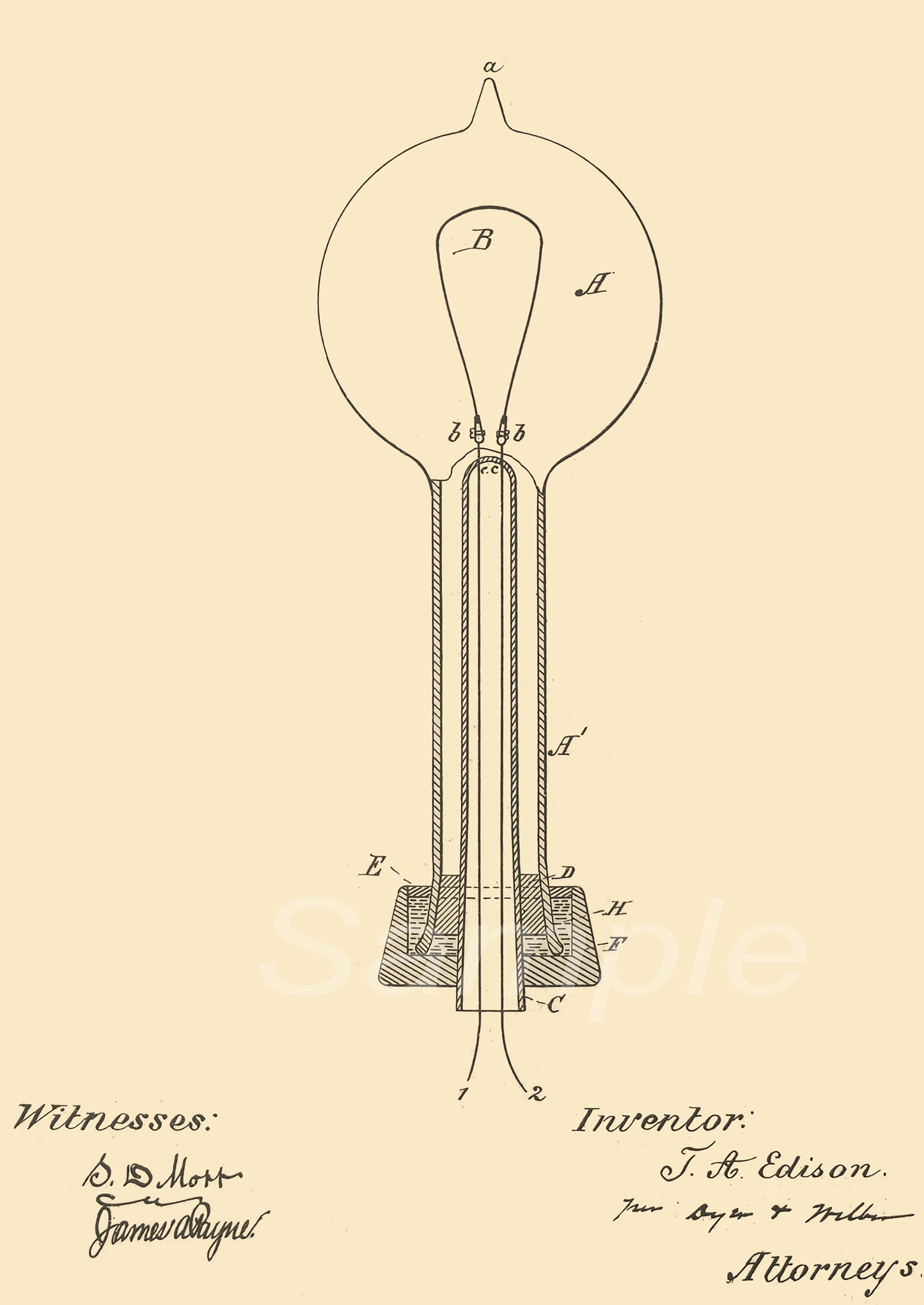 A vintage poster print of the 1869 Electric Lamp Patent by Edison, featuring a drawing of an early lamp design.
