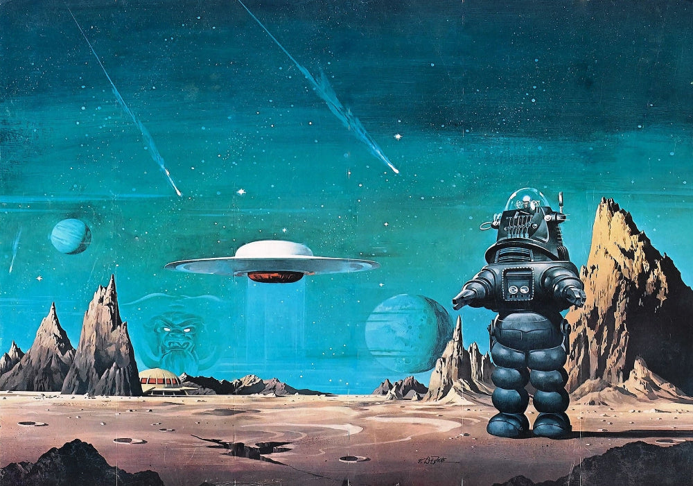 Science fiction scene with a robot on an alien planet, UFO, and space landscape.