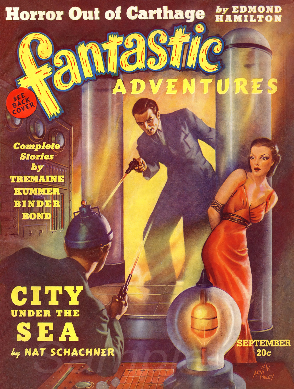 Vintage magazine cover titled 'Fantastic Adventures' with a sci-fi scene featuring a man and woman in a futuristic setting.