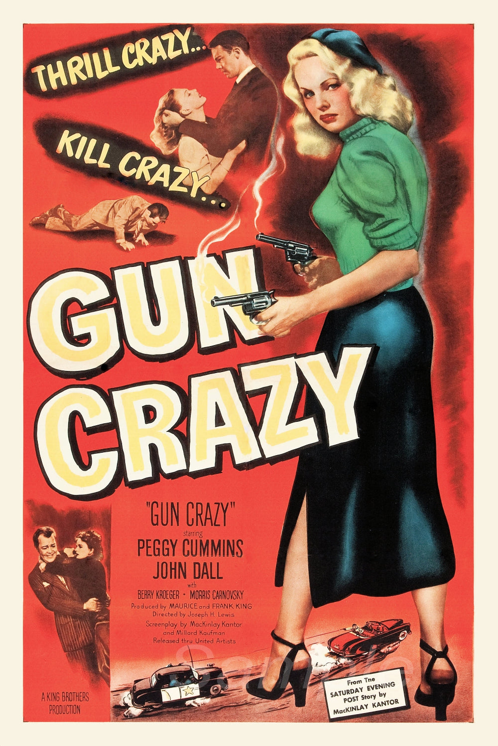 A vintage movie poster print for the 1950 film 'Gun Crazy' featuring a woman in a green top and black skirt holding a gun, with text and additional imagery depicting a crime scene.