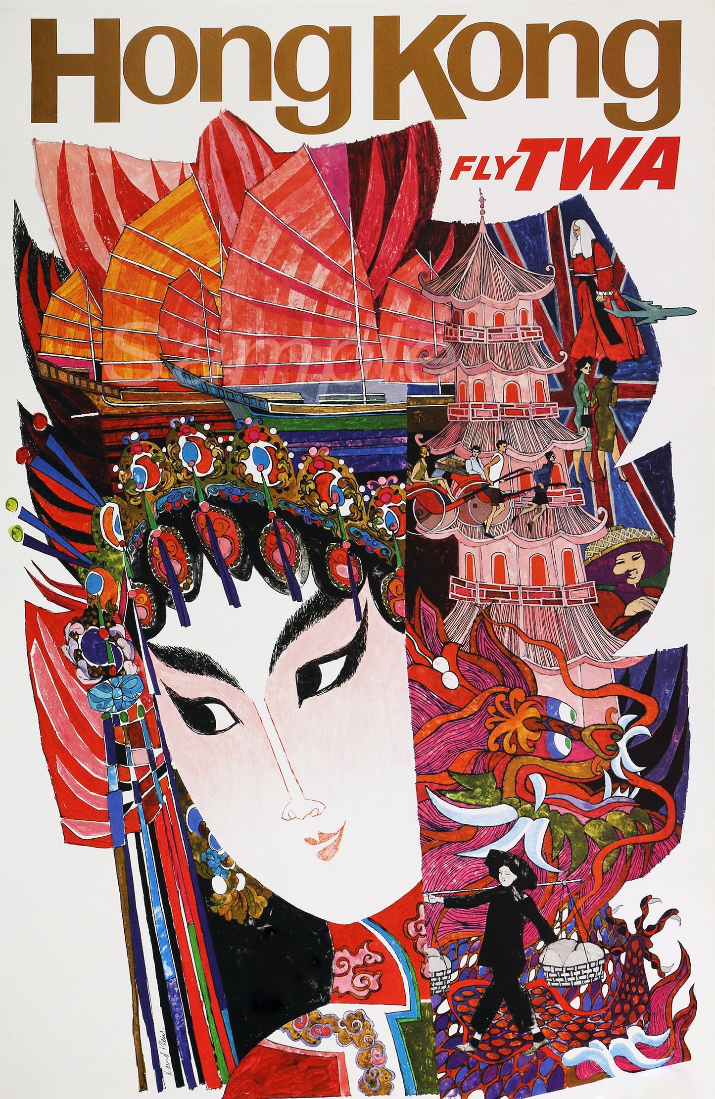 A vintage travel poster print featuring a colorful and detailed illustration of Hong Kong with traditional and modern elements.