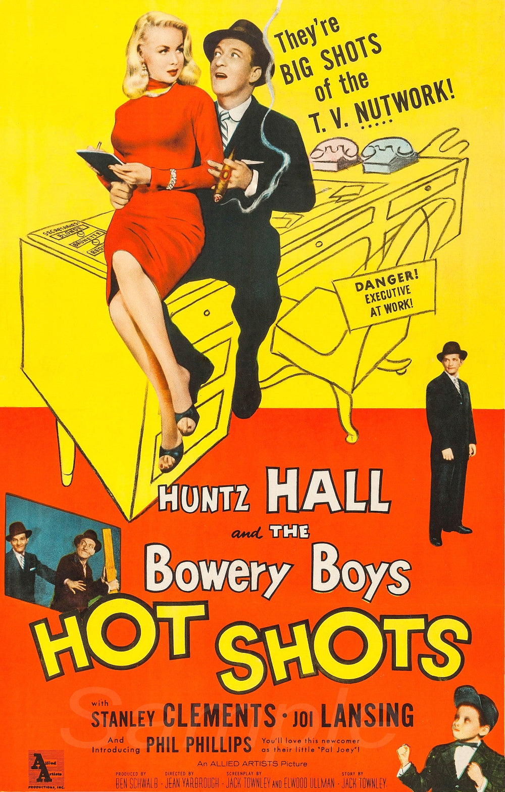 Vintage movie poster for 'Hot Shots' featuring a man and woman on a desk with text about TV network.