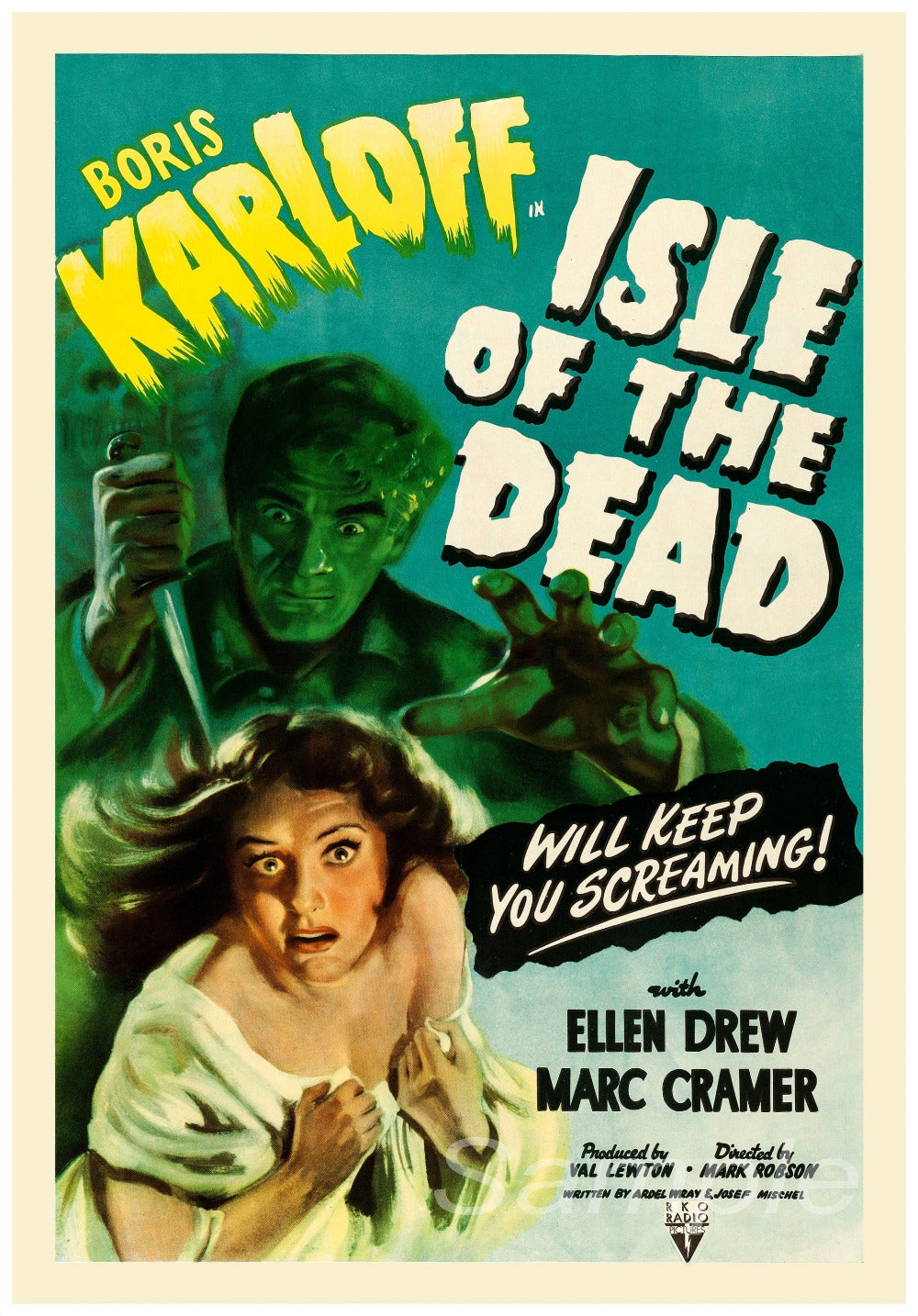 Vintage movie poster print of 'Isle of the Dead' featuring an illustration of a scared woman and a male figure with a green tint, indicating a horror or thriller genre.