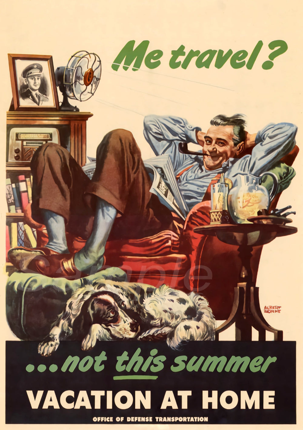 Vintage style poster featuring a man in a suit sitting in a chair with a dog lying in front of him, reading a book, with the text 'Me travel? Vacation at home' and '.