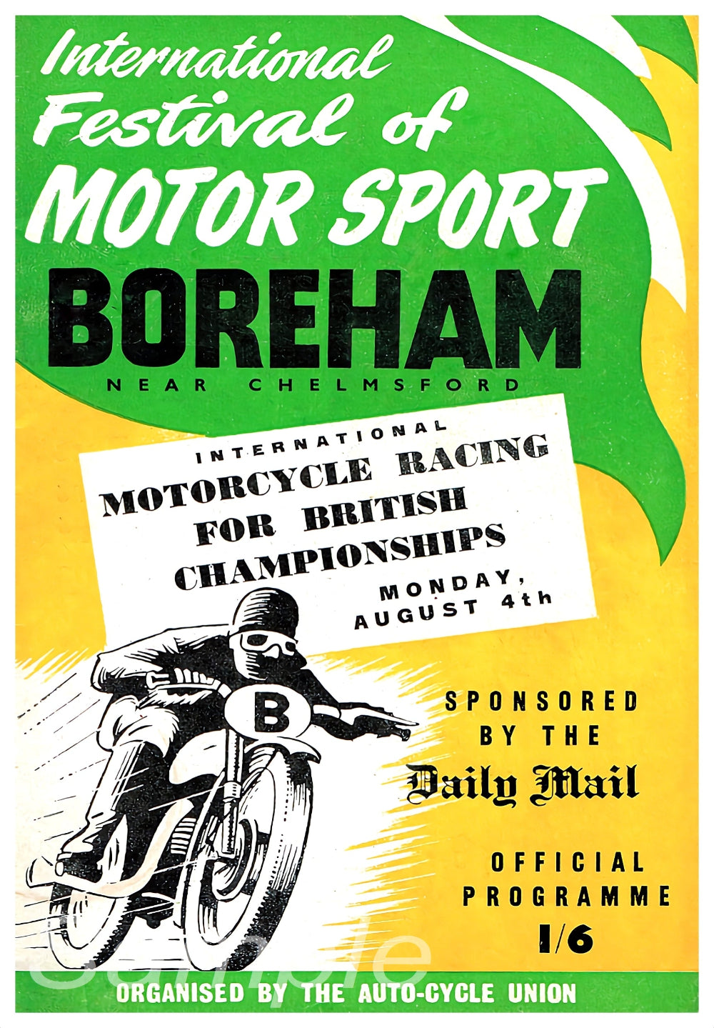 Vintage poster print of the International Festival of Motor Sport Boreham near Chelmsford, featuring a black and white illustration of a motorcycle racer.