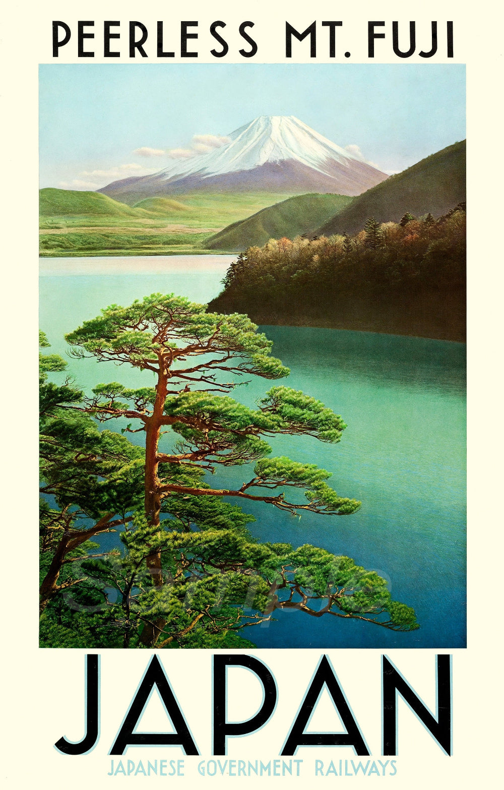 A vintage style railway poster featuring Mount Fuji in Japan, with a green and blue backdrop and a large pine tree in the foreground.