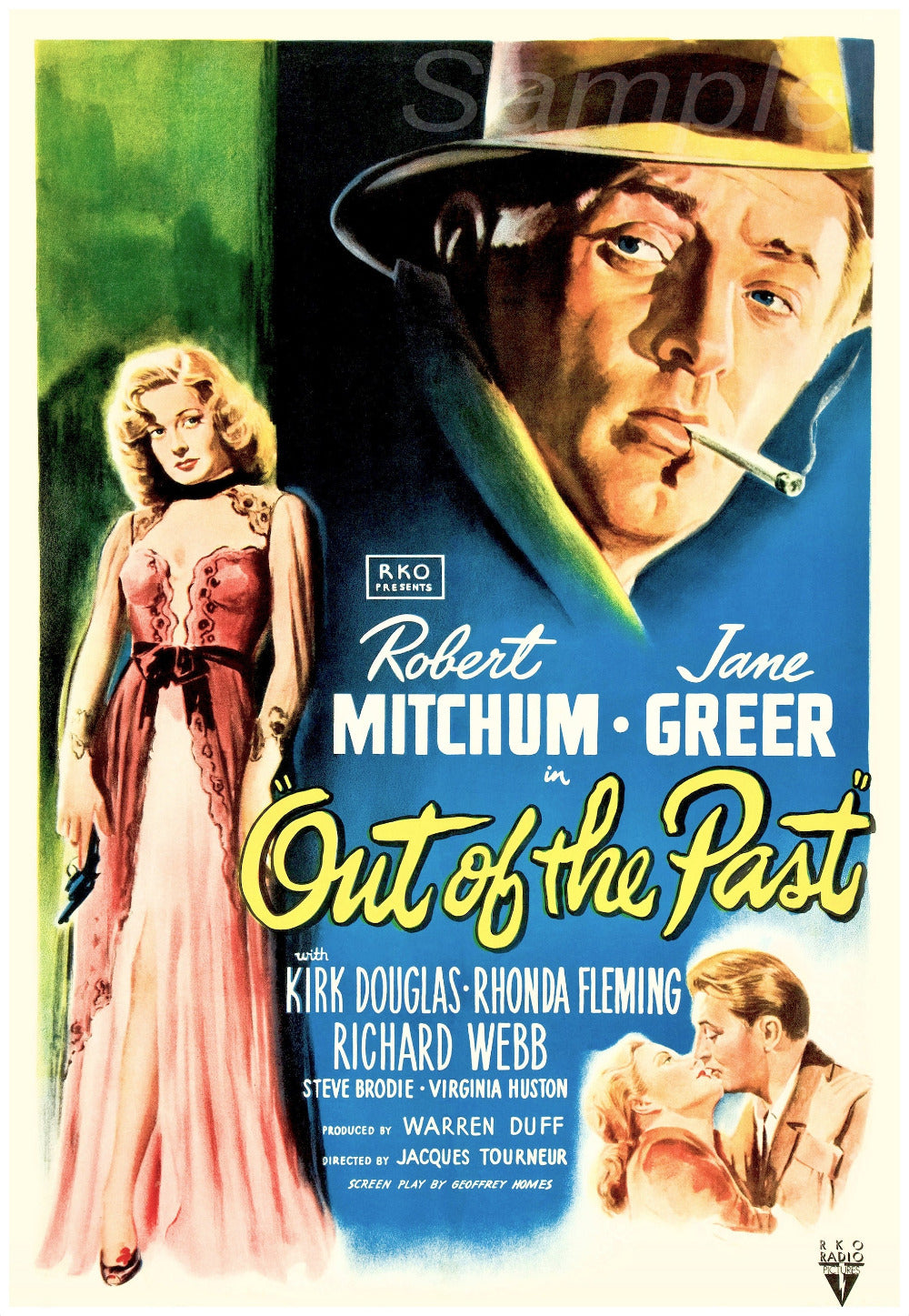 A vintage movie poster print titled 'Out of the Past' featuring two people on the poster, one smoking a cigarette, in a colorful design.