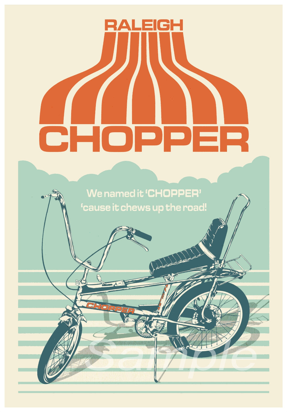 Vintage-style advertisement for a Raleigh Chopper bicycle with stylized text and design.