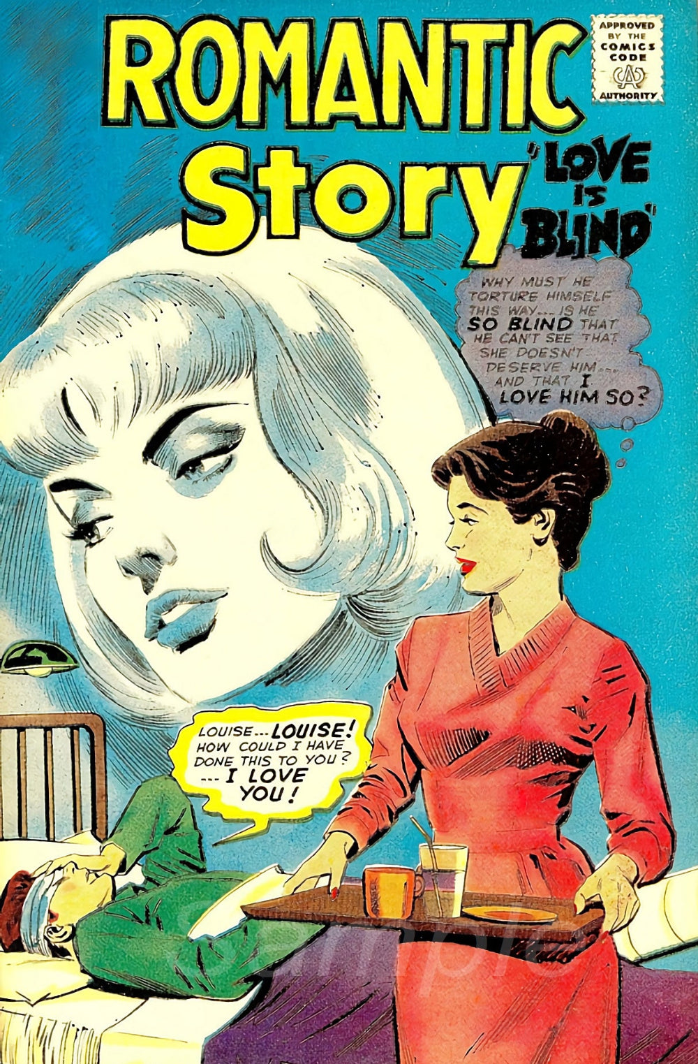 A vintage style poster depicting a romantic story, with a woman in a red dress holding a tray and a man in the background.
