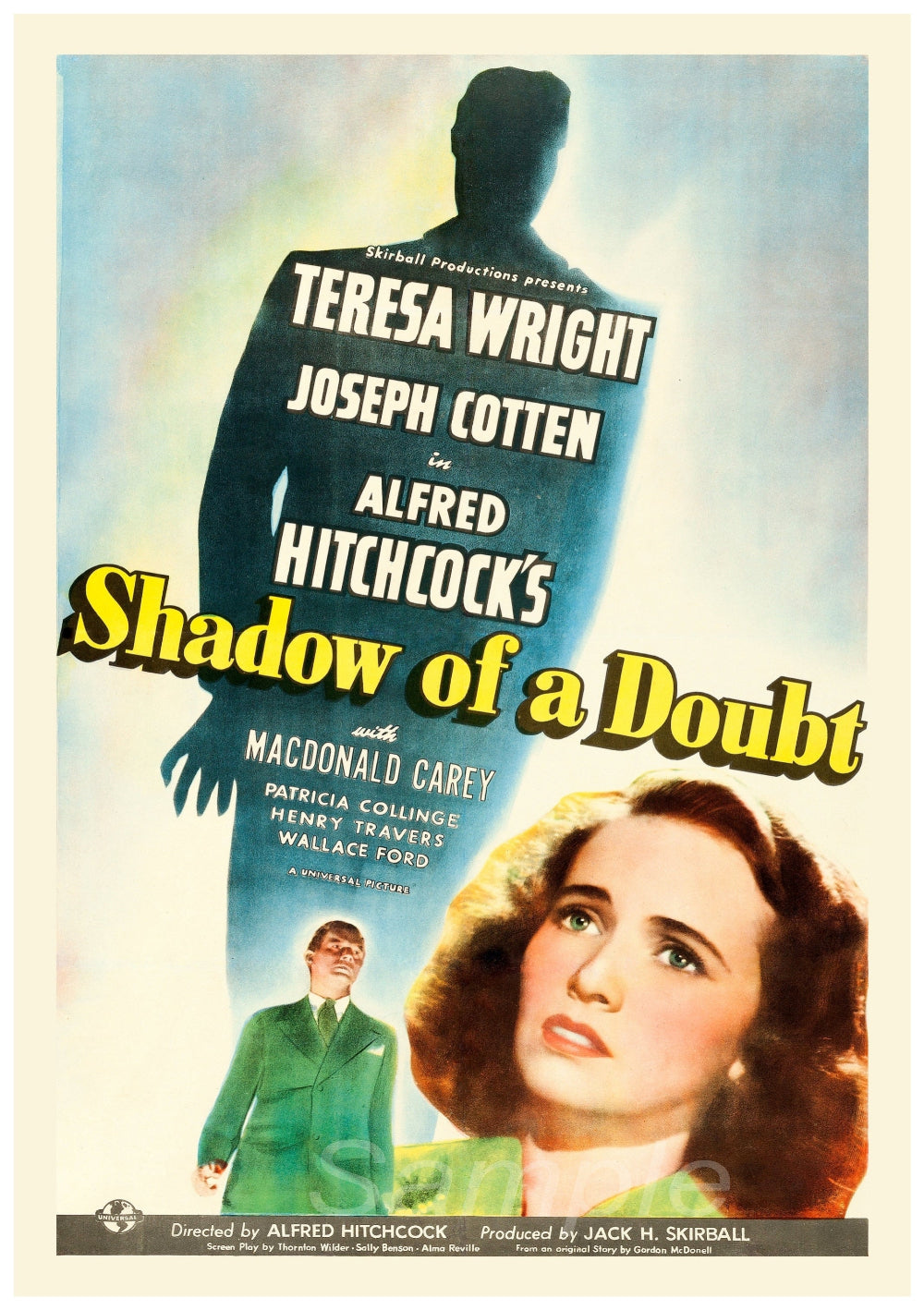 Vintage movie poster print for 'Shadow of a Doubt' featuring images of the actors and a shadowy figure.