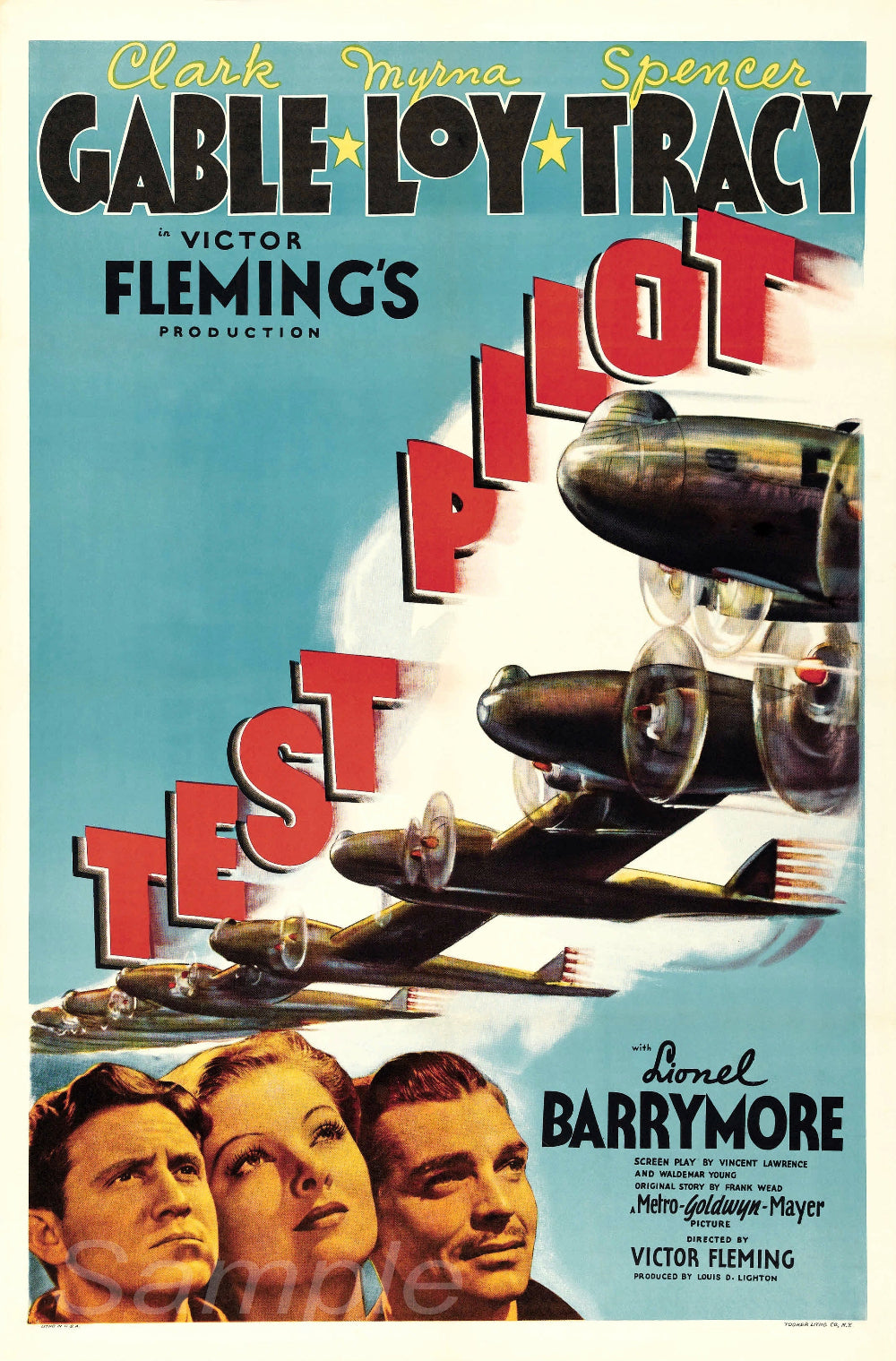 Vintage movie poster print for the film 'Test Pilot' featuring images of airplanes and portraits of the main actors.