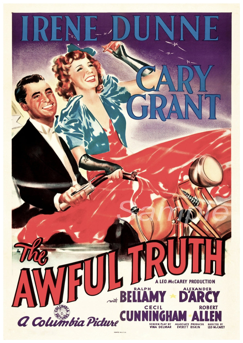 Vintage movie poster print of 'The Awful Truth' featuring images of the actors Cary Grant and Irene Dunne, with a red car and comedic pose.