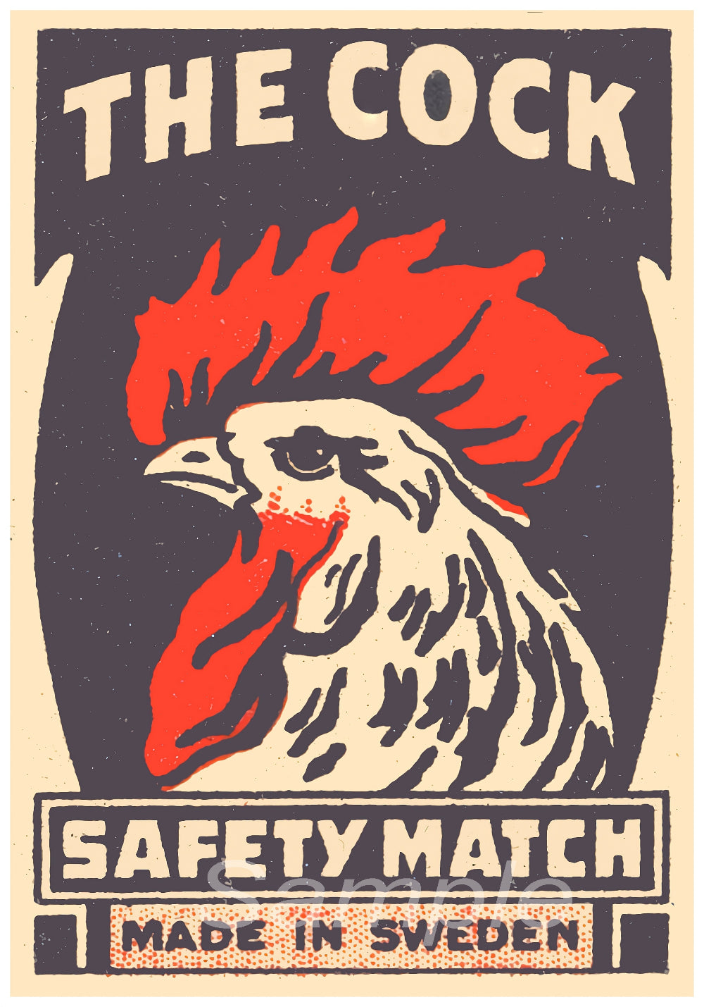 Vintage safety match box label with a rooster design and text 'The Cock Safety Match Made in Sweden'.